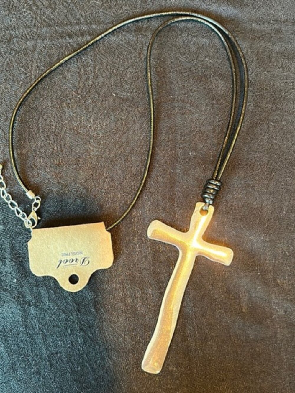 NWT Large Silver Cross Necklace on leather cord
